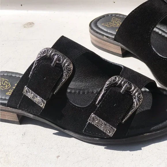 NEW Black Faux Suede Western Metal Buckled Straps Slides Slip On Sandals Shoes - Picture 10 of 12
